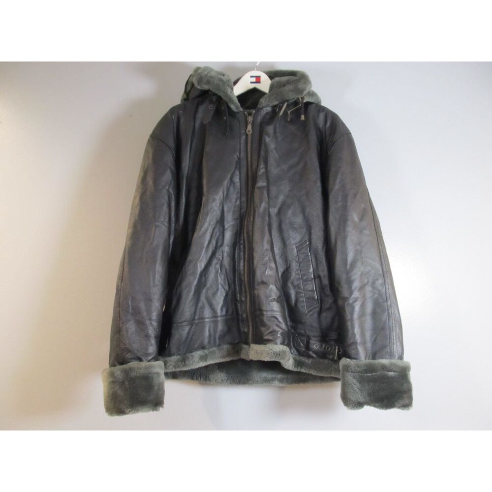 90s Guss Leather Bomber Jacket Men’s Hooded Fleece Lined Heavy Coat Black XL